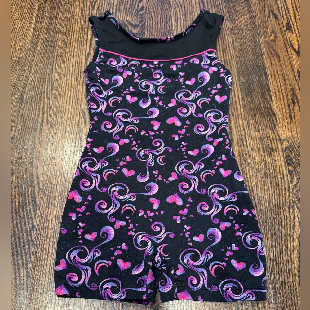 Size 6/6x Danskin Black and Purple Heart Swirl Gymnastics Unitard